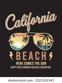 A vintage style design with the word California prominently displayed in a large script font at the top. Below the text is a representation of sunglasses with a panoramic view inside them. 