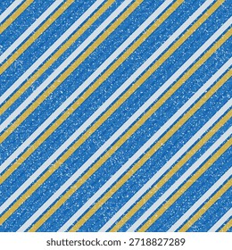 Un patrón de rayas diagonales de estilo vintage en azul marino, oro mostaza y gris pálido con textura arenosa y desgastada. Perfecto para fondos retro, textiles y papeles digitales rústicos. Vector