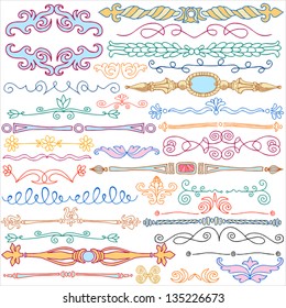 Vintage style doodles, ornaments, dividers, calligraphic design elements and cute decorations, retro style drawing set, decor, color, creative floral old patterns template for design, page decoration