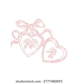 Vintage style double heart locket vector illustration featuring rose flower details and ribbon bow romantic jewelry element for feminine scrapbooking and wedding stationery designs.