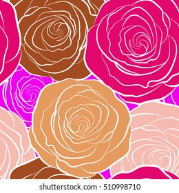 A vintage style drawing of a branch of multicolor roses. Vector open flowers and buds seamless pattern.