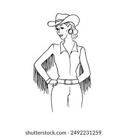 vintage style drawing half body of a woman wearing a cowboy hat and fringed jacket - hand drawn outline drawing