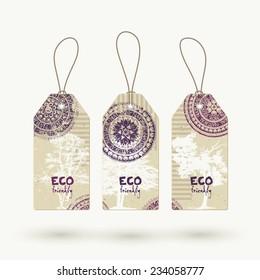 Vintage style eco friendly sale garment tags design on recycled craft carton, vector illustration