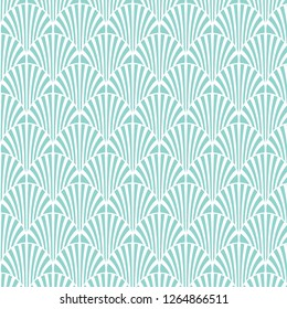 Vintage style elegant Art Deco Seamless Fan Pattern with pale green lines/stylized palm leaf retro fan pattern on white background, Cabana cafe style pattern