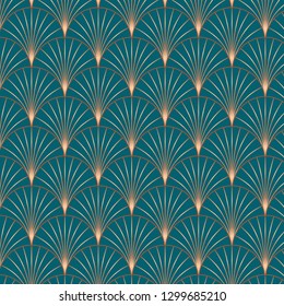 Vintage style elegant Art Deco Seamless Fan Pattern in copper metallic gradient on dark turquoise background. Retro style texture vector pattern.