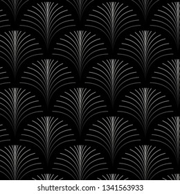 Vintage style elegant art deco repeat fan pattern/stylized palm leaf in silver metallic gradient on back background. 