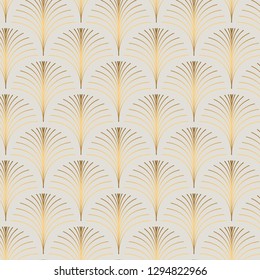 Vintage style elegant floral art deco repeat fan pattern/stylized palm leaf in golden metallic gradient on light background. Seamless art deco fan pattern.