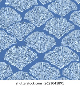 Vintage Style Elegant Floral Art Deco Seamless Fan Pattern in Blue Color - Texture Featuring Shells and Marine Elements