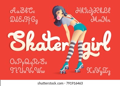 Vintage style elegant font with cute girl wearing roller skates