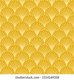 Vintage style elegant seamless floral Art Deco Curved Fan Pattern in golden yellow mustard color. Fashionable retro texture vector pattern. 