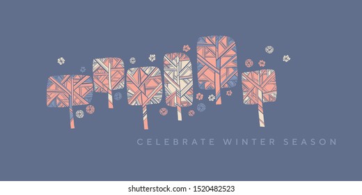 Vintage style elegant winter tree silhouette banner or card, header, invitation, poster, social media, post publication. Nordic park tree and snowflakes naive concept for xmas and new year projects. 
