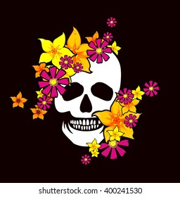 Vintage style element, a dark romance, love ,mysticism, human skull in flowers