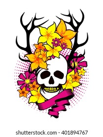Vintage style element, a dark romance, ,mysticism, human skull in flowers