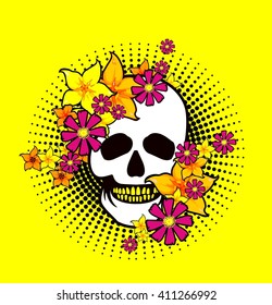 Vintage style element, a dark romance, love,mysticism, human skull in flowers