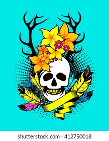 Vintage style element, a dark romance, love ,mysticism, human skull in flowers