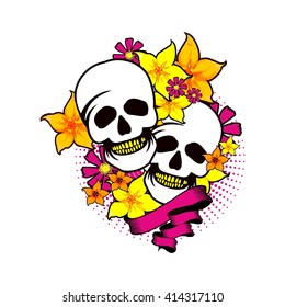 Vintage style element, a dark romance, lyubos,mysticism, human skull in flowers