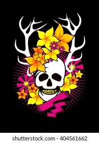Vintage style element, a dark romance,mysticism, human skull in flowers
