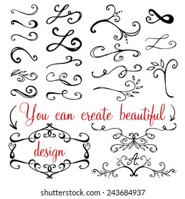 Vintage style elements for invitations, greeting cards, wedding decoration design - frames, borders, monograms, calligraphic swirls, ribbons, a set of hand drawn vector illustration