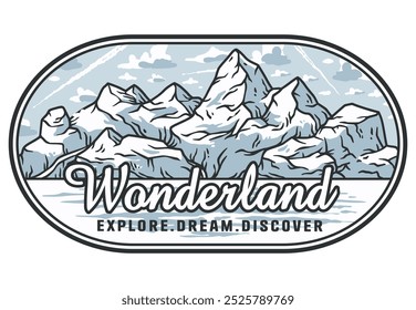 Vintage style emblem depicting a snowy mountain range, perfect for adventurers and nature enthusiasts venturing into the great outdoors