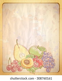 Vintage style empty paper backdrop with hand drawn graphic illustration of assorted fruits.