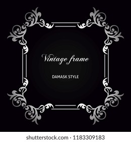 Vintage style empty square  silver frame on dark backdrop. Template for invitation, anniversary, greeting card.