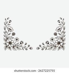 Vintage Style Engraved Flower Border Illustration for Decorative Print and Layouts