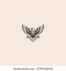 Vintage style engraving of a flying eagle with engraving illustration predator wildlife american monochrome powerful strength wingspan