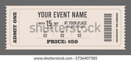 Vintage style event ticket template. Retro ticket design for multipurpose.