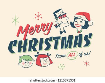 Vintage Style Family Spirit Christmas Postcard. Editable EPS10.