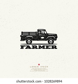 Vintage Style Farmer Logo. Ink stamp designs. Pickup truck Sign.