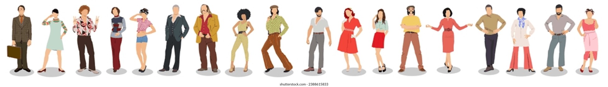 Vintage style fashion standing in row. Old fashioned.