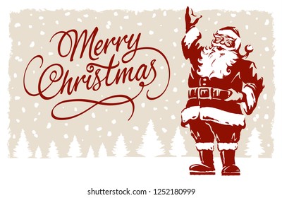 Vintage style Father Christmas, Santa Claus vector illustration, with Merry Christmas script calligraphic type. Fully adjustable and scalable.