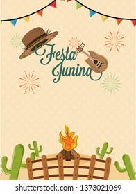 Vintage style Festa Junina celebration background with illustration of guitar and hat.