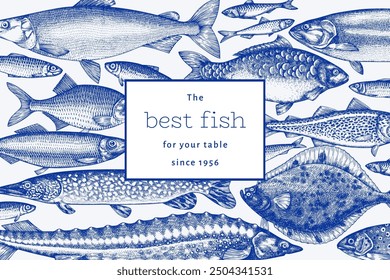 Vintage Style Fish Illustration. Vector Hand Drawn Seafood. High Quality Old Fashion Image