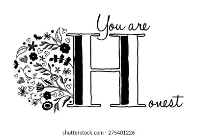 Vintage style floral alphabet letter H, Vector For your greeting cards and love cards