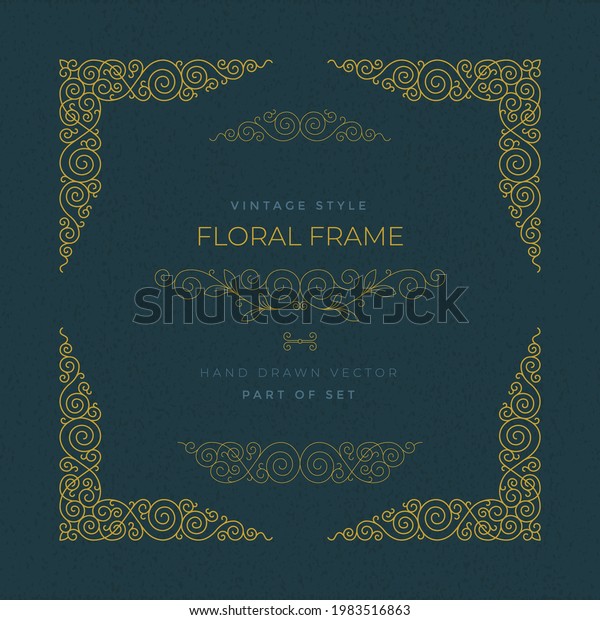 Vintage style floral frame and corner ornaments. Hand\
drawn outline calligraphic ornate and distressed background. Part\
of set. 
