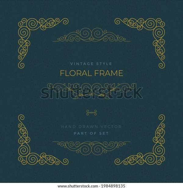 Vintage style floral frame and corner ornaments. Hand\
drawn outline calligraphic ornate and distressed background. Part\
of set. 