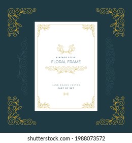 Vintage style floral frame, ornaments and with design elements set. Retro greeting card, invitation, certificate, diploma, label and menu templates. Part of set. 