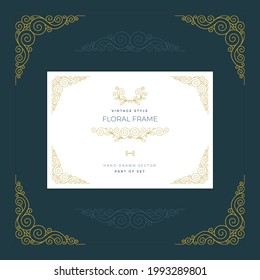 Vintage style floral frame, ornaments and with design elements set. Retro greeting card, invitation, certificate, diploma, label and menu templates. Part of set. 