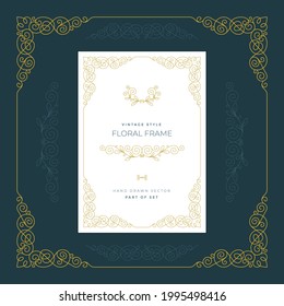 Vintage style floral frame, ornaments and with design elements set. Retro greeting card, invitation, certificate, diploma, label and menu templates. Part of set. 