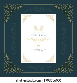 Vintage style floral frame, ornaments and with design elements set. Retro greeting card, invitation, certificate, diploma, label and menu templates. Part of set. 