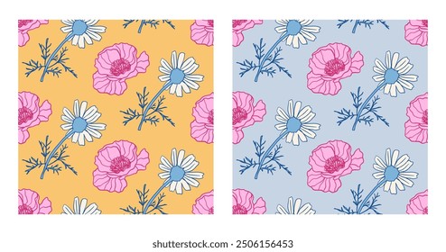 Vintage Style Floral Hand Drawn Flowers Seamless Patterns Collection. Beautiful Vintage Background Prints Set. Vector Illustration