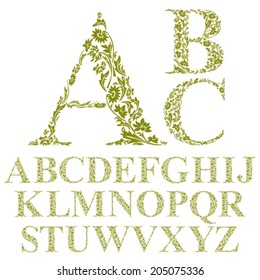 Vintage style floral letters font, vector alphabet.