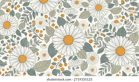 Padrão floral estilo vintage com margaridas brancas com centros amarelos e folhas verdes em um fundo bege macio.