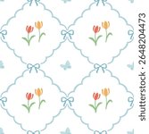Vintage style floral seamless pattern, cute tulip flowers and butterflies, blue ribbons.
