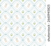 Vintage style floral seamless pattern, lily of the valley flowers and bunnies, blue ribbons.	