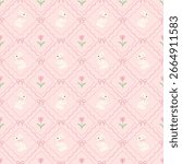 Vintage style floral seamless pattern, tulip flowers and bunnies, pink ribbons.