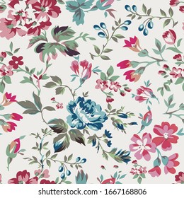 Vintage style floral seamless pattern design, shabby chic roses and peonies repeating background for web and print