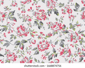 Vintage style floral seamless pattern design, shabby chic roses and peonies repeating background for web and print