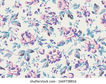 Vintage style floral seamless pattern design, shabby chic roses and peonies repeating background for web and print